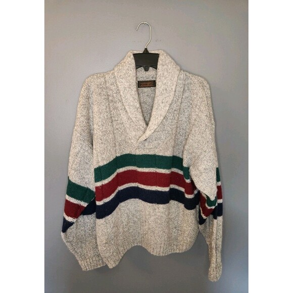 Vintage Eddie Bauer Sweater Men's L Gray Striped Wool Blend Shawl Collar 90's - Picture 2 of 7